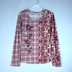 Sundance Burgundy and Cream Floral Patterned Embroidered Blouse Size Medium
